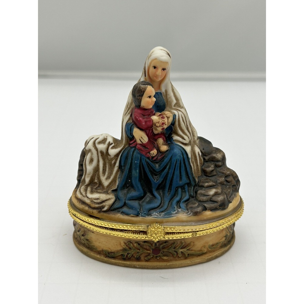 VTG Porcelain Mary Jesus Rosary Trinket Box Catholic Gift Trinity Broadcasting